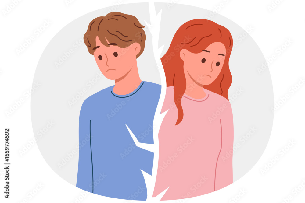 Obraz premium Broken couple of man and woman cannot be together due to mutual grievances or lack of money for wedding. Crack between couple of boyfriends and girlfriend appeared after betrayal or adultery