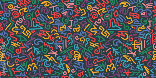 Abstract seamless doodle pattern. Creative abstract style art background with basic colorful shapes. Vector flat hand drawn banner.