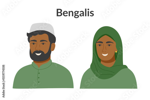 Bengalis ethnicity people wearing traditional clothes isolated on a white background. Man and woman. Vector flat clipart. 