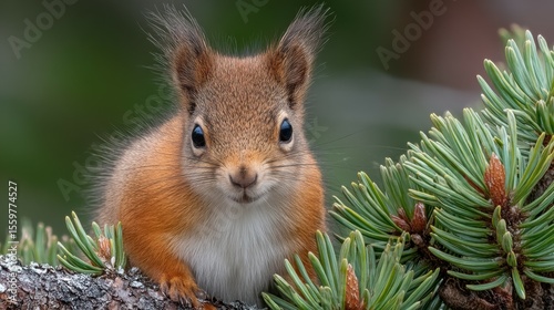 Cute Small Squirrel Sitting on Tree Branch Surrounded by Green Pine Needles