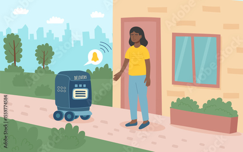 Сoncept of technology and robots delivery. The delivery robot arrives at the customer's house and signals its arrival. Vector flat background. 7of 8