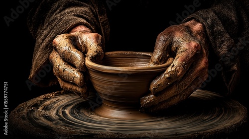 Hands Shaping Clay on Pottery Wheel in Dark Studio