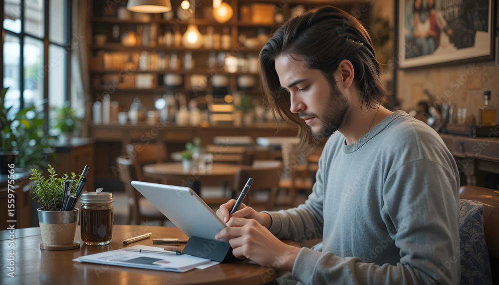 Fototapeta premium Young professional working on a tablet with a stylus in a cozy cafe, focused on his digital design and creative process.