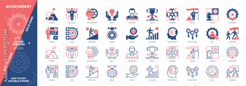 Achievement icon set. Tasks, Teamwork, Implementation, Leadership, Support, Persistence, Strategy, Success. Duotone color solid and editable outline icons