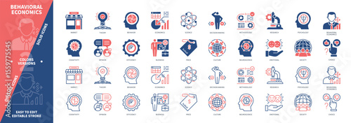 Behavioral Economics icon set. Market, Opinion, Psychology, Culture, Emotional, Social, Decision, Research. Duotone color solid and editable outline icons