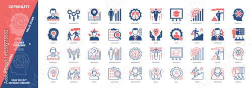 Capability icon set. Qualification, Competence, Knowledge, Leadership, Opportunities, Ability, Personal Growth, Management. Duotone color solid and editable outline icons