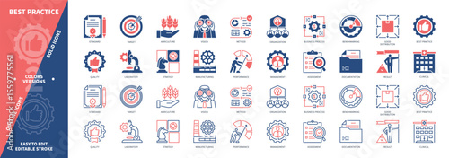 Best Practice icon set. Target, Documentation, Vision, Benchmarking, Strategy, Business Process, Quality, Assessment. Duotone color solid and editable outline icons