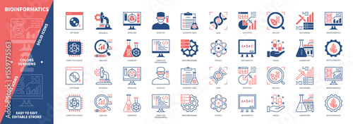 Bioinformatics icon set. Computer Science, Biology, Chemistry, Drugs, Statistics, Laboratory, Research, Computer Programming. Duotone color solid and editable outline icons
