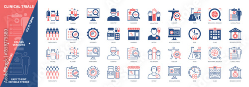 Clinical Trials icon set. Research Center, Placebo, Analysis, Patient, Diagnosis, Volunteers, Medical Records, Checkup. Duotone color solid and editable outline icons