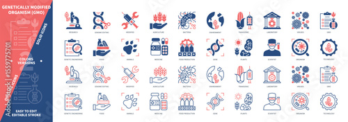 Genetically Modified Organism GMO icon set. Transgenic, Genetic Engineering, Modified, Viruses, Gene, Laboratory, Genome Editing, Organism. Duotone color solid and editable outline icons