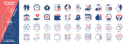 Retirement Planning icon set. Savings, Time Management, Assets, Pension Fund, Accounting, Property, Medicare, Insurance. Duotone color solid and editable outline icons