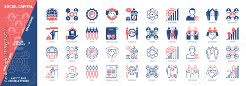 Social Capital icon set. Participation, Network, Reciprocity, Family Ties, Society, Norms and Values, Cooperation, Private Property. Duotone color solid and editable outline icons