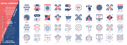 Social Commerce icon set. Marketplace, Social Media, Buyer, Virals, Review, Community, Authority, Social Proof. Duotone color solid and editable outline icons