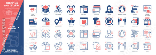 Shopping and Delivery icon set. Packaging, Credit Card, Order Tracking, Free Shipping, Store, Search, Sale, Consumers. Duotone color solid and editable outline icons