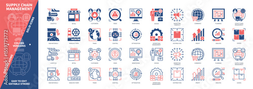 Supply Chain Management icon set. Logistics, Profit, Distribution, Manufacturer, Customers, Analysis, Management, Raw Materials. Duotone color solid and editable outline icons