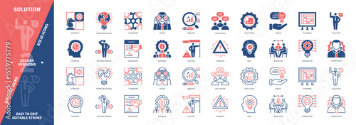Solution icon set. Planning, Analysis, Mediation, Strategy, Thinking, Innovation, Discussion, Success. Duotone color solid and editable outline icons