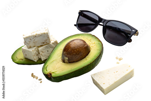 Avocado half with sunglasses and feta cheese PNG Image