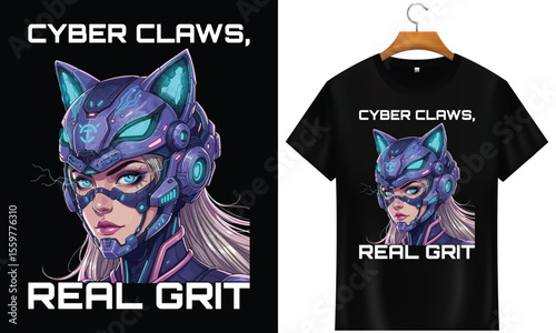Cyberpunk Cat Girl Helmet Vector Art Futuristic Female Warrior T-Shirt Design