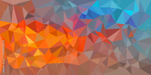 A colorful abstract low-poly background with warm red and orange tones blending into cool blues, creating a vibrant geometric pattern.

