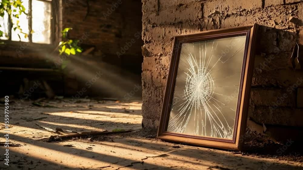 A broken mirror leaned against a wall in an abandoned space with sunlight streaming through a nearby window.