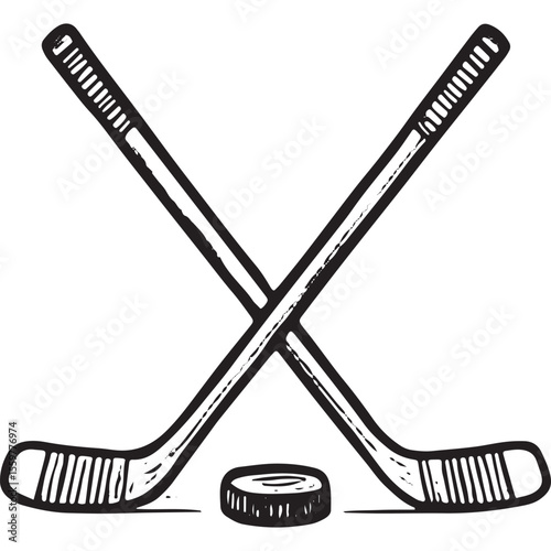Two hockey sticks crossed with a puck sketch