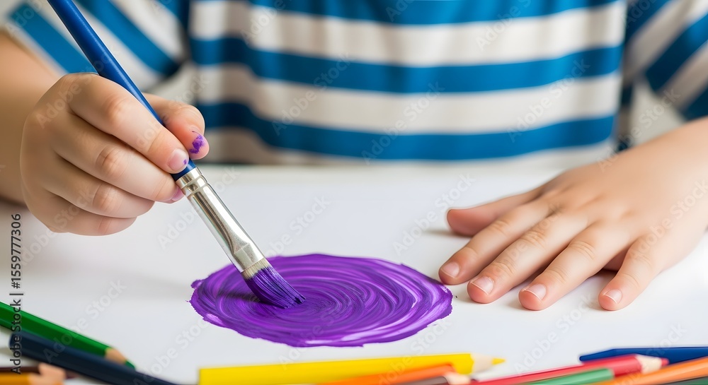 Obraz premium Child's Hands Painting a Purple Circle Creative Art Exploration