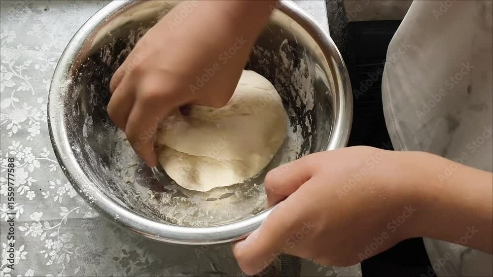 A hand knead the dough in a metal cup on the table. Cooking bakery products.