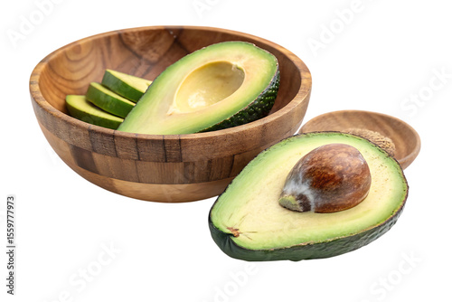 Avocado with cut in half with wooden bowl PNG Image