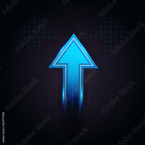 A dotted arrow made of light blue dots continues the upward path, emphasizing direction and digital precision. and upward motion in vector illustration
