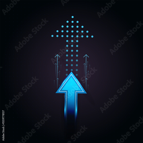 A bold, glowing blue arrow dominates the center of a dark background, symbolizing growth and forward movement. up trend in vector illustration