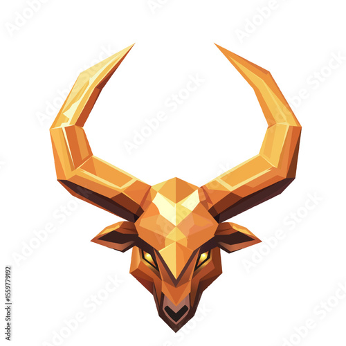 Low poly geometric golden bull skull head with large horns vector. Abstract Faceted Ox Head Logo