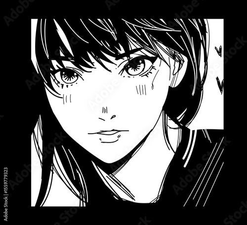 Black and white vector illustration in manga style. Features a close-up of a girl's face with expressive eyes, fine lines, dynamic hair, and hearts, capturing modern anime vibe.