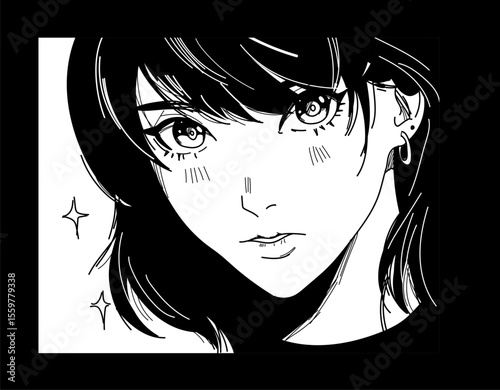 Black and white vector illustration in manga style. Features a close-up of a girl's face with expressive eyes, fine lines, and sparkles, capturing modern anime vibe.