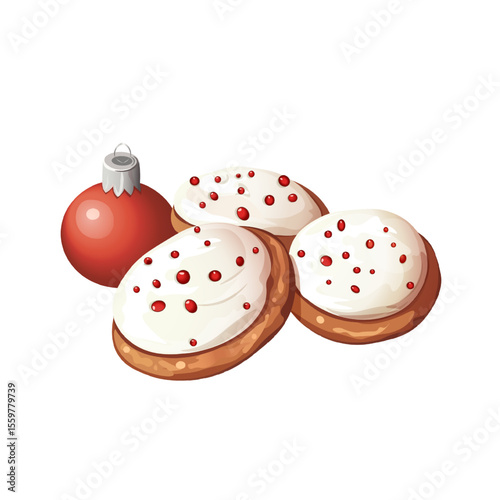 Christmas cookies with icing red sprinkles and ornament ball festive vector. Holiday Cookie Dessert Graphic