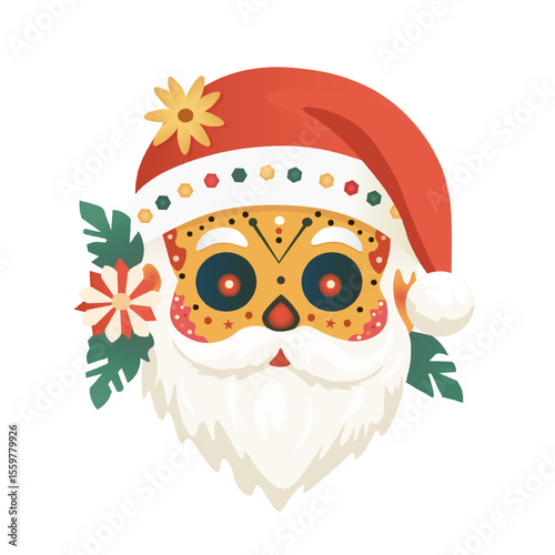 Colorful sugar skull style Santa Claus face with floral folk patterns festive vector. Festive Dia de los Muertos Santa Head