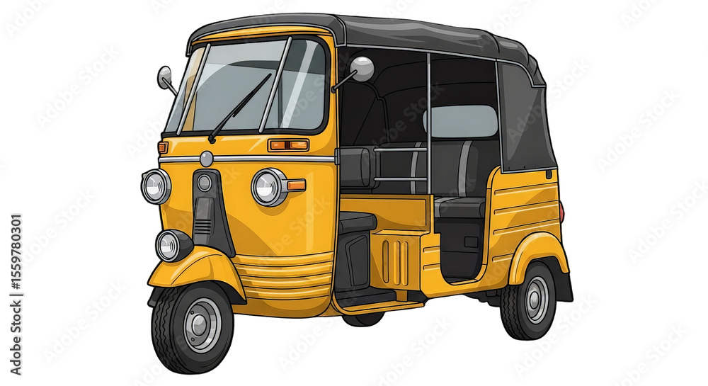 Naklejka premium A vibrant yellow auto rickshaw displayed with meticulous detail in a cartoon illustration style.