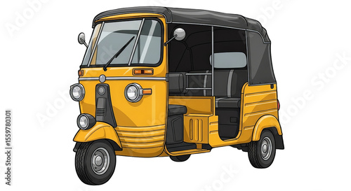 A vibrant yellow auto rickshaw displayed with meticulous detail in a cartoon illustration style.