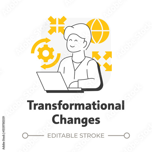 Transformational changes flat outline concept icon. Deep, radical shifts in company. Type of organizational shift. Modern line illustration with yellow glyphs. Conceptual visual. Easy to edit