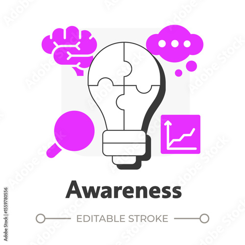 Awareness flat outline concept icon. Recognizing need for change. Information about organizational shifts. ADKAR model. Modern line illustration with pink glyphs. Conceptual visual. Easy to edit