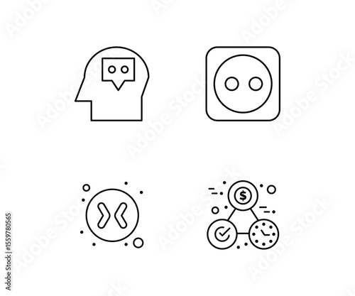 A sleek set of 4 outline-style icons representing communication, connectivity, and data interaction. This collection includes a human head with a speech bubble, an electrical socket, a connection symb