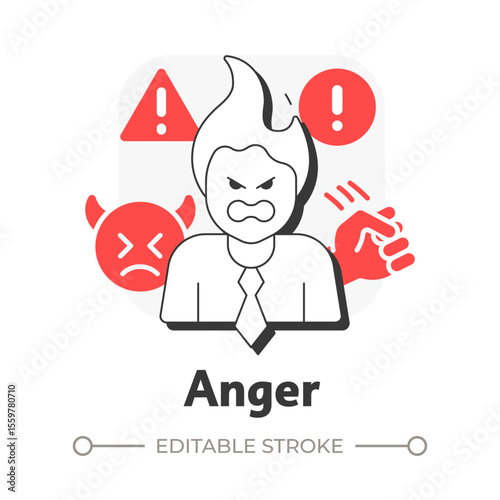 Anger flat outline concept icon. Frustration and resentment. Five stages of grief. Organizational change management. Modern line illustration with red glyphs. Conceptual visual. Easy to edit
