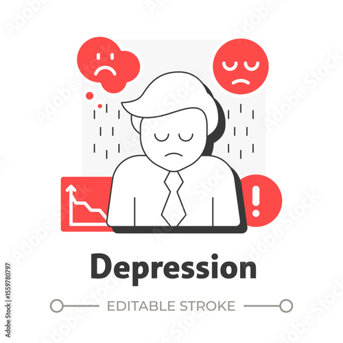 Depression flat outline concept icon. Feeling overwhelmed. Five stages of grief. Organizational change management. Modern line illustration with red glyphs. Conceptual visual. Easy to edit
