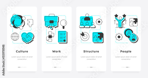 Nadler Tushman congruence framework mobile app onboarding screens. Analyze business needs. Data research. Flat UI UX design, green highlight with outline icons conceptual. Lexend font used
