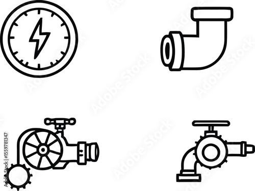 Plumbing and Electrical Icon Set – 4 Black-and-White Symbols Featuring Gauge, Elbow Pipe, Valve, and Faucet for Utility and Infrastructure Graphics