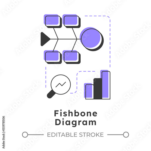 Fishbone diagram modern linear concept icon. Identify root causes of problem. Gap analysis tool. Business data. Flat outline elements connected with dotted lines. Creative visual. Easy to edit