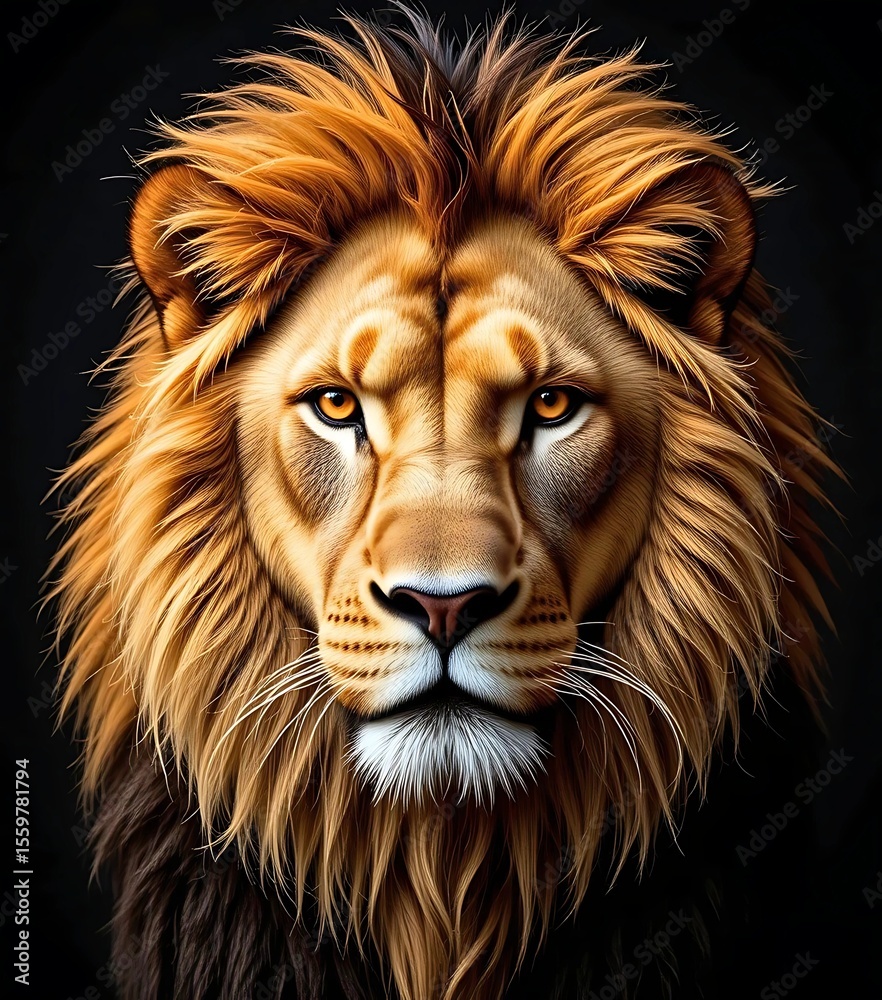 Fototapeta premium Majestic lion portrait with golden mane , realistic lion face art with amber eyes , powerful lion head illustration with detailed mane , digital lion artwork for home decor