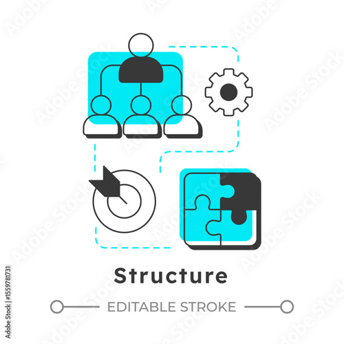 Structure modern linear concept icon. Roles, responsibilities in team. Nadler Tushman congruence framework. Flat outline elements connected with dotted lines. Creative visual. Easy to edit