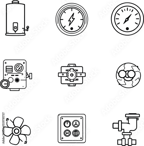 Mechanical and Electrical Systems Icon Set – 9 Black-and-White Symbols Featuring Water Heater, Gauges, Control Panels, Gears, and Pipe Systems for Industrial and Engineering Graphics