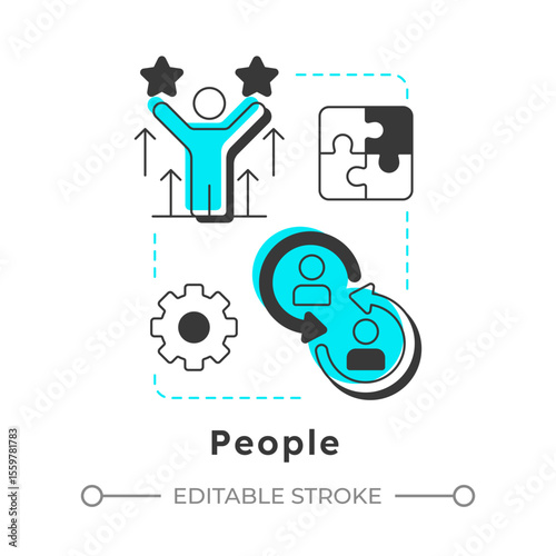 People modern linear concept icon. Individuals within organization. Nadler Tushman congruence framework. Flat outline elements connected with dotted lines. Creative visual. Easy to edit