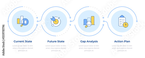 Stages of gap analysis infographic 4 steps. Business data research. Performance development. Flow chart infochart. Editable vector info graphics icons. Montserrat-SemiBold, Regular fonts used